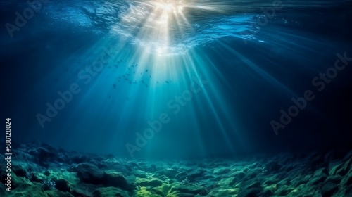 Underwater Sea - Deep Water Abyss With Blue Sun light. Generative AI © Stitch