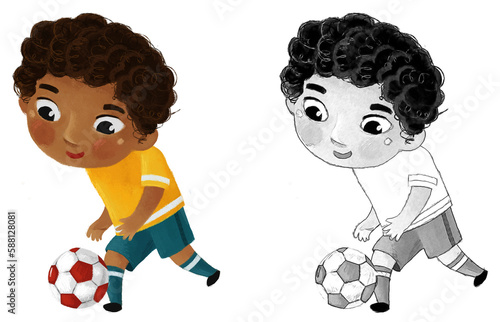 cartoon scene with kid playing running sport ball soccer football hobby - illustration for children