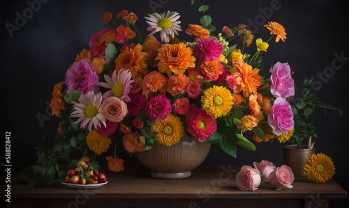  a vase filled with lots of colorful flowers on top of a table.  generative ai © Olga