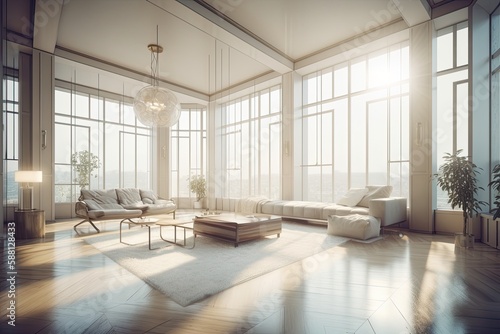 spacious living room with natural light pouring in through large windows. Generative AI © AkuAku
