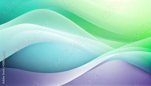 Abstract Shiny neon glass translucent wavy composition with gradient transition, green blue white elegant clean background - generative AI.