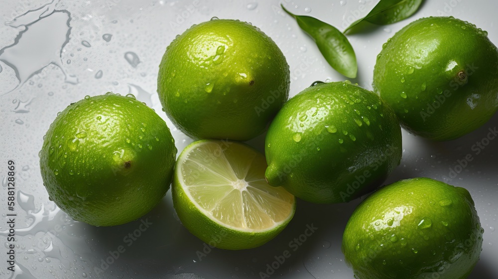 Fresh green limes with drops of water on a white background Fresh green limes with drops of water on a white background