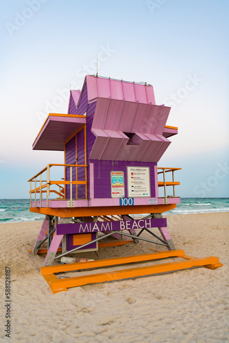 pink lifeguard at miami beach. lifeguard at miami beach in summer. lifeguard at miami beach vacation © be free
