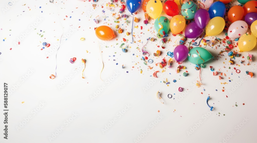 Birthday party-themed background with space for copy, featuring an arrangement of colorful balloons, streamers, and confetti. Generative AI Birthday party-themed background with space for copy, featuring an arrangement of colorful balloons, streamers, and confetti. Generative AI