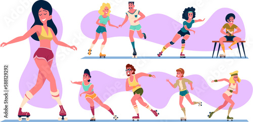 People skaters. Vintage old style active people rollers exact vector fitness activity concept illustrations