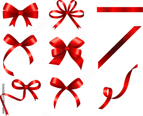 Present red bow. Gift box package redding ribbon bows, holiday decoration wraps, realistic gifting design graphics isolated