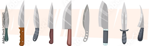 Knives. Items for kitchen or battle weapons steel knives for cutting food sharp blades exact vector cartoon collections