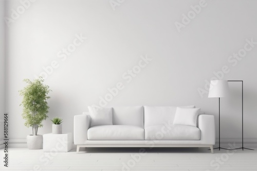interior three-dimensional comfortable decor white white furniture lifestyle empty lounge trendy. Generative AI.