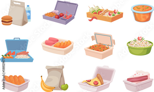 Lunchbox with food. Containers for fresh healthy products transporting exact vector cartoon illustrations isolated