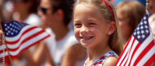 Smiling little girl waving a US flag at a parade. Generative AI