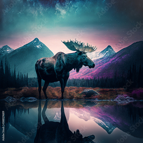 Alaskan Moose Nothern Lights © Mike