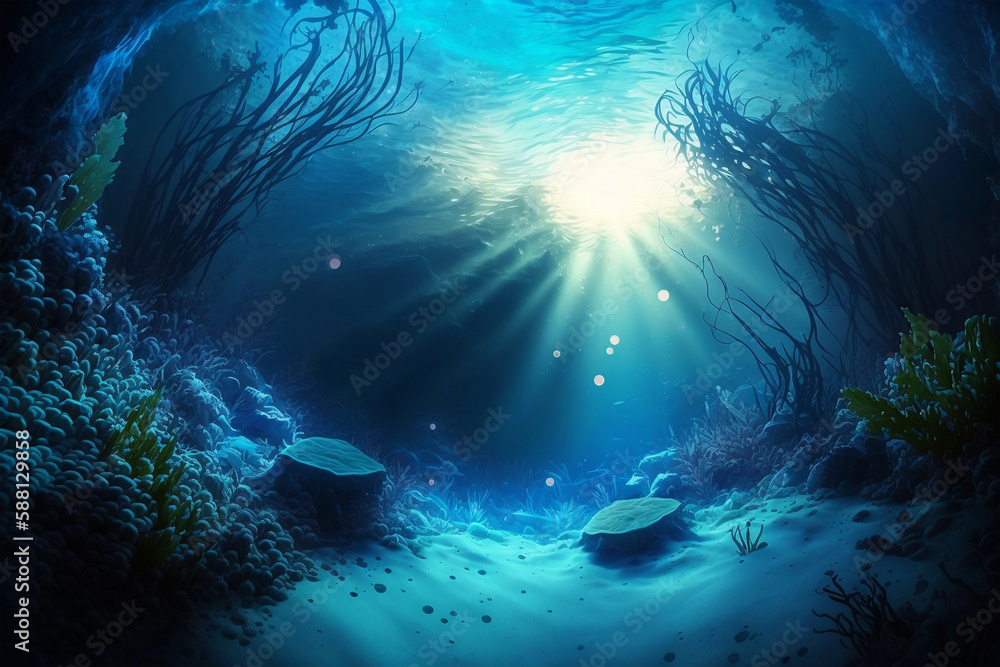sunlight penetrates the deep ocean, underwater view with coral, serenity feel, eco-friendly concept. Generative AI