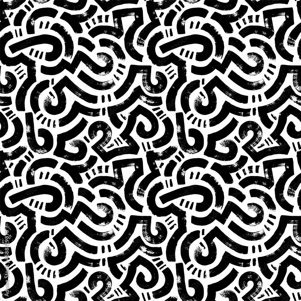 Maze seamless pattern with curved lines. Abstract organic rounded lines with dashes. Brush drawn vector geometric shapes. Bold curvy irregular strokes. Black and white labyrinth texture.