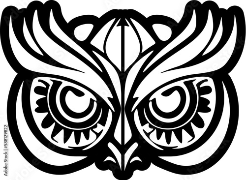 ﻿Tattoo of an owl's face in black & white with Polynesian designs.