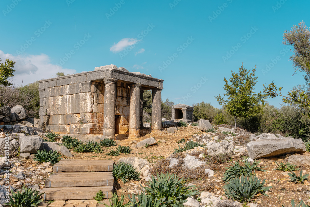 A Mausoleum Tomb in Olba Ancient City. Kanlıdivane is a historical place consisting of historical buildings around a sinkhole. Hellenistic Period, Byzantine.