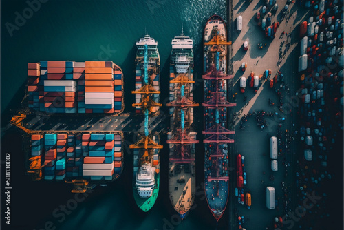 Storage of containers in logistics port terminal for export with multi-colored aerial view from above anchored in busy harbour, with workers in the background. Generative AI