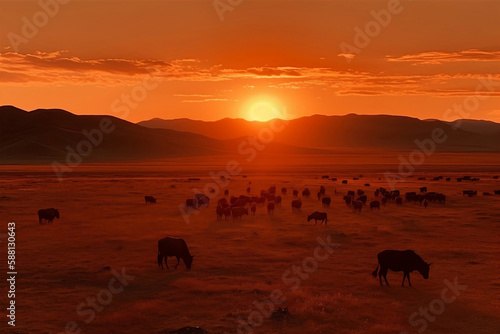 mongolian savanna sunset  generative ai