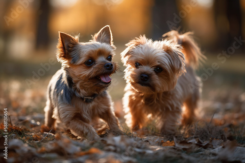 Two small Yorkshire terriers play on the grass in the park created with Generative AI © sommersby
