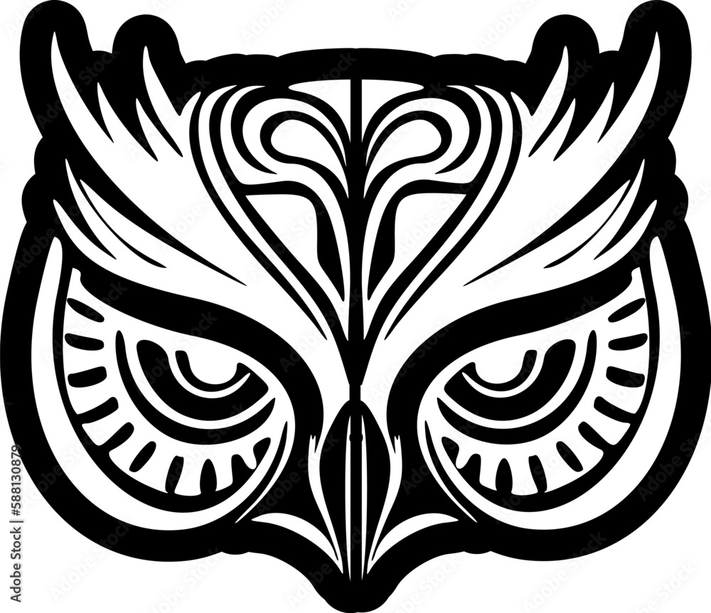 ﻿Black and white Owl face tattoo with Polynesian designs.