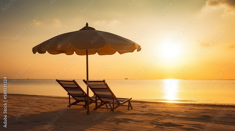 Two Deckchairs Under Parasol In Tropical Beach At Sunset. Generative AI