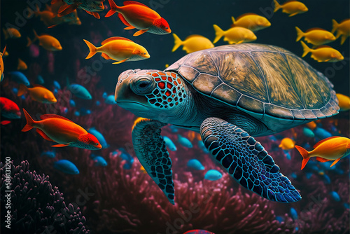 turtles swimming in the ocean with the sun shining on them and the sunshine in the sky above, with the sun shining in the middle of the water, colorful fish and coral. Generative AI © Smilego