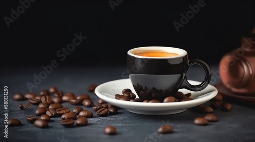 Espresso Coffee Cup With Beans On Vintage Table. Generative AI
