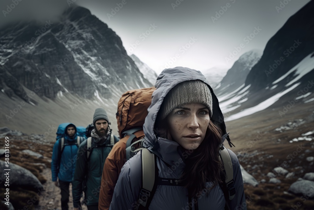 Scenic Mountain Hike: Group of Friends Adventuring Through a Beautiful Landscape. Generative AI