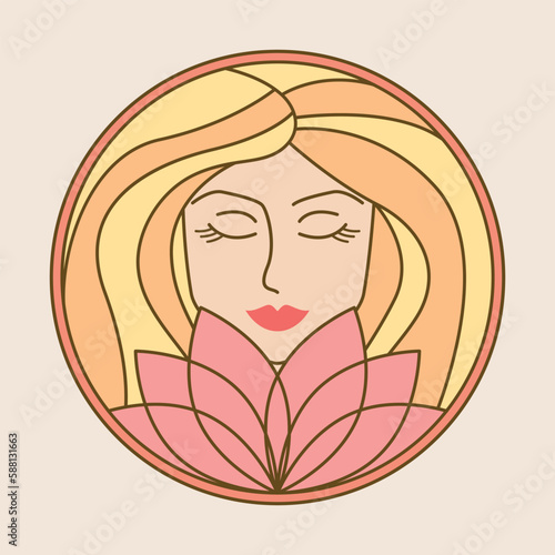 Beautiful woman portrait illustration design. Girl with blonde hair and lotus flower colorful emblem design.
