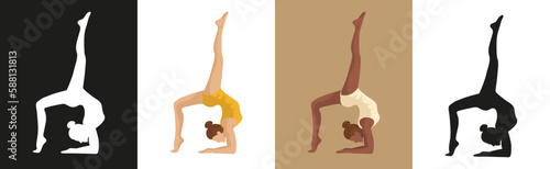 Black and white girls silhouette, brunette girls doing yoga pilates gymnastics sport fitness in faceless style on black and white and brown background set tamplate for apps banners
