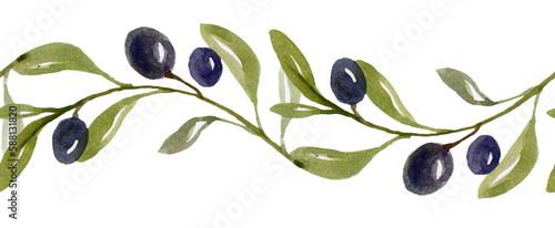 Seamless border of black olive tree branches. Hand drawn watercolor illustration. Decorative design elements.