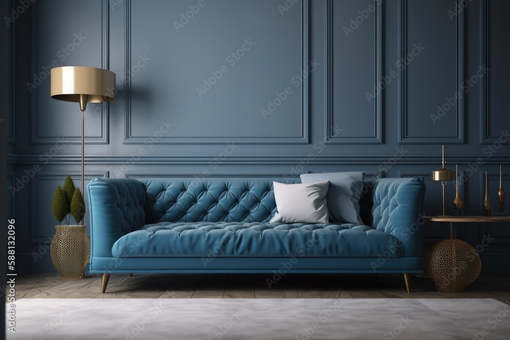 cozy living room with a blue couch and a gold lamp. Generative AI cozy living room with a blue couch and a gold lamp. Generative AI