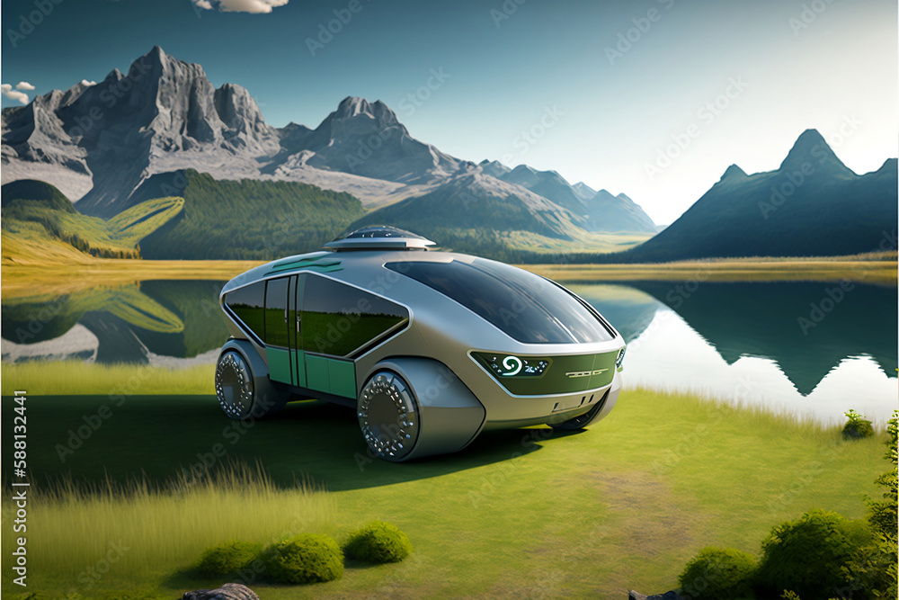 Environmentally friendly car development, clear ecological driving, no pollution and emission transportation concept. modern car icon in fresh spring meadow with sky in background. Generative AI