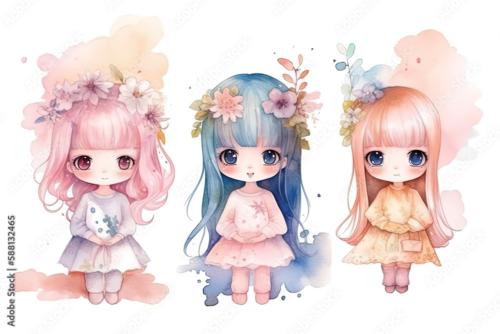 Cute Girl Anime Kawaii Watercolor Ilustration AI Generated Stock