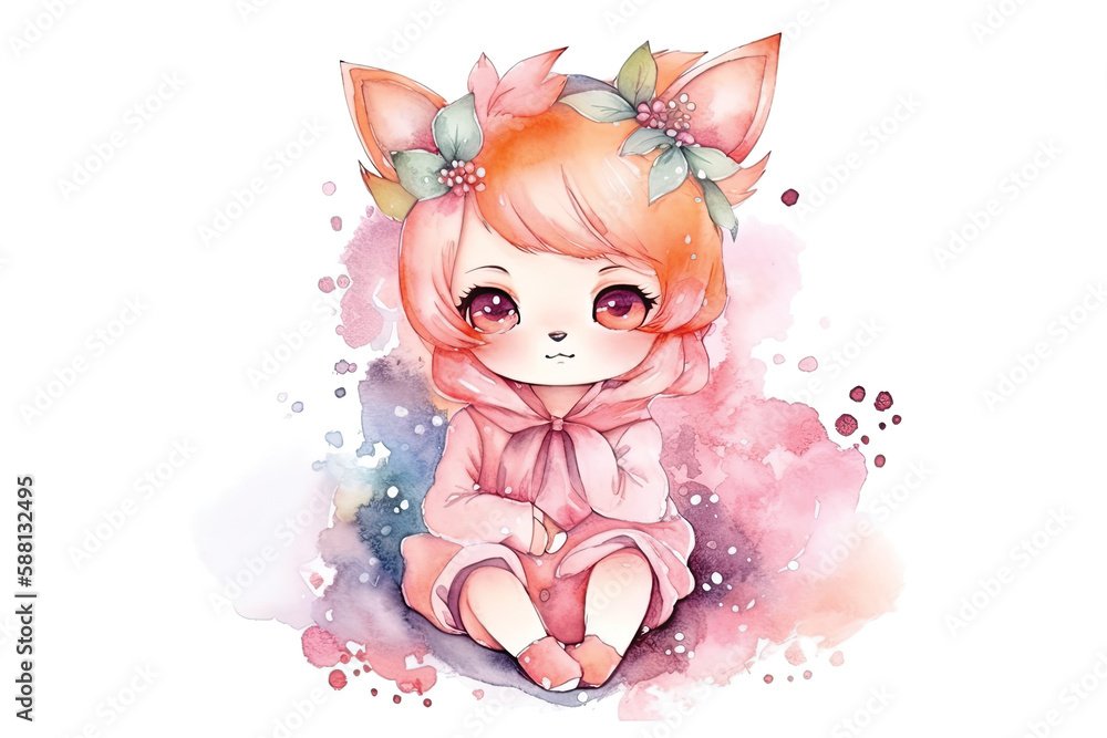 cute girl anime kawaii watercolor Ilustration