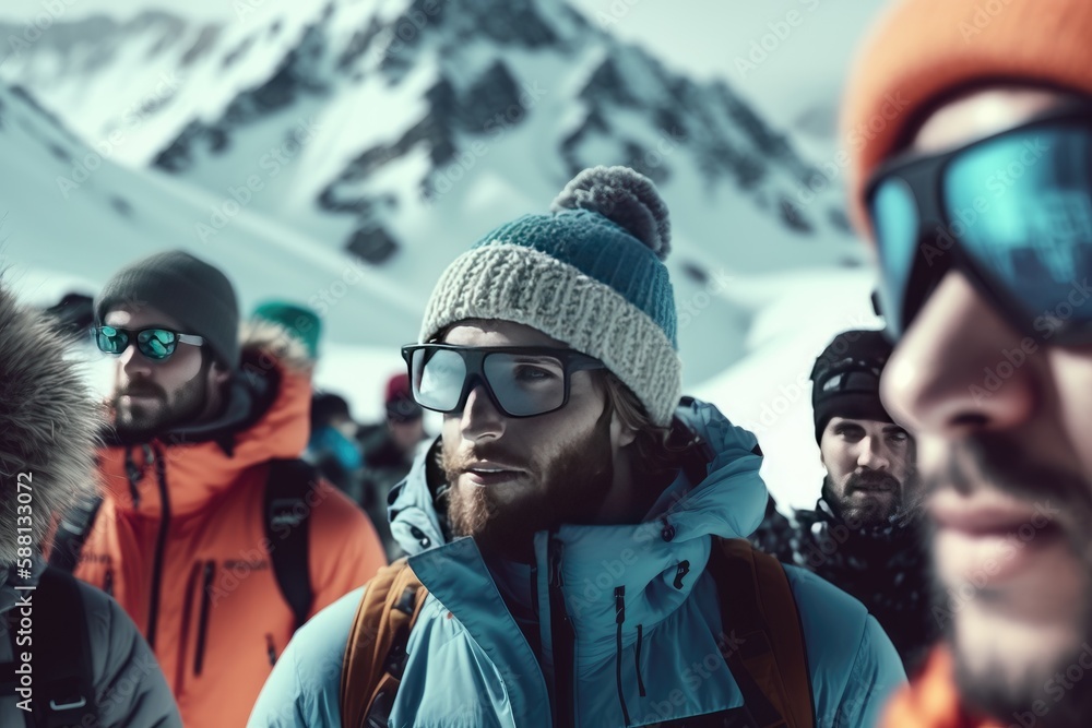 Alpine Adventure: Group of Friends Skiing Through a Scenic Snowy Mountain Landscape. Generative AI Alpine Adventure: Group of Friends Skiing Through a Scenic Snowy Mountain Landscape. Generative AI