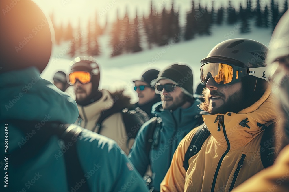 Alpine Adventure: Group of Friends Skiing Through a Scenic Snowy Mountain Landscape. Generative AI Alpine Adventure: Group of Friends Skiing Through a Scenic Snowy Mountain Landscape. Generative AI
