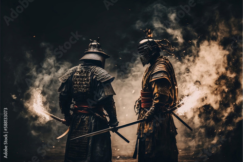 medieval knight with sword, samurai duel with rivals in the evening the atmosphere is tense, with the smoke heating up. Generative AI