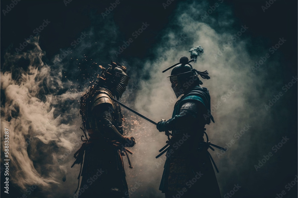 knight on horseback, samurai duel with rivals in the evening the atmosphere is tense, with the smoke heating up. Generative AI