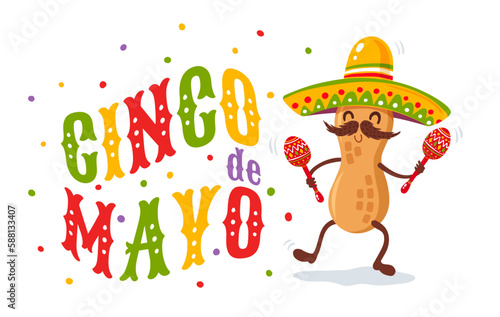 Vector illustration of peanut in sombrero for Cinco de mayo festival.