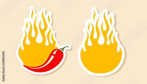 Vector stickers with chilli pepper and fire for special offer. Vector set banners with chili pepper for hot price.