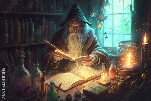 Fantastic beautiful wizard making spells in his cell. Creative vector illustration design character. Magic and wizardry. Ai generated