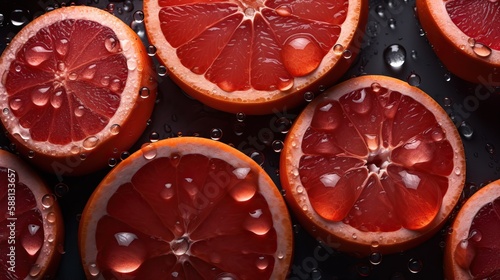 red oranges citrus fruits with drops of water on a black background photo