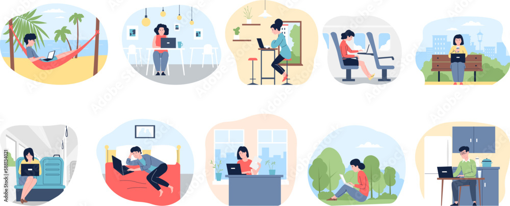 Freelance characters working in different places with notebook. Work in bedroom with laptop, in public transport and cafe, recent workers vector set Freelance characters working in different places with notebook. Work in bedroom with laptop, in public transport and cafe, recent workers vector set
