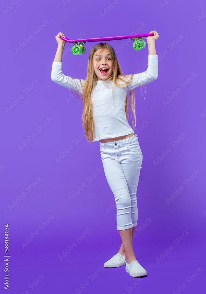 photo of surprised teen girl skateboarder. teen girl skateboarder isolated on purple. photo of surprised teen girl skateboarder. teen girl skateboarder isolated on purple.