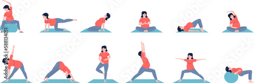 Pregnant relaxed yoga. Pregnancy woman training sport, pilates exercises. Preparing maternity, meditation and gymnastics. Prenatal period recent vector set