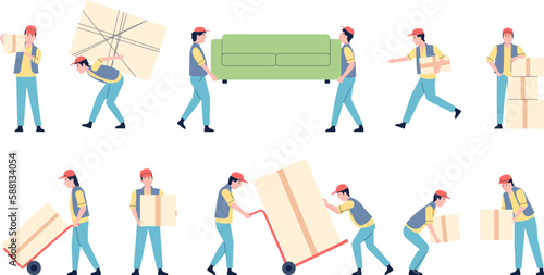 Delivery logistic service, relocation and moved new home. Express transportation giant parcels and furniture, couriers recent vector characters