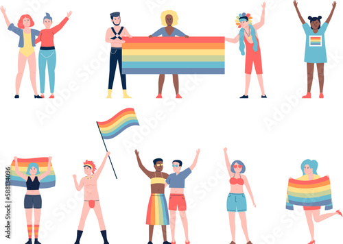 Pride gay lgbtq characters. Lgbt parade, transgender couple relationships. Queer people, frick man and woman with flags, recent vector set
