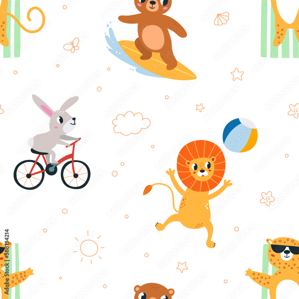 Animals summer activities seamless pattern. Animal playing and resting. Childish fabric print graphic art. Decorative baby classy vector background Animals summer activities seamless pattern. Animal playing and resting. Childish fabric print graphic art. Decorative baby classy vector background
