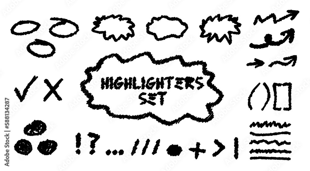 Pencil Drawn Highlighters Set. Black and white doodle scribble elements