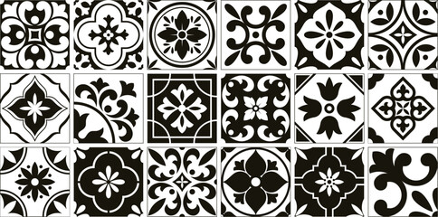 Keuken achterwand Portugese tegeltjes patronen Zwart Spaans tegelmozaïek mediterrane bloemstijl  © LadadikArt